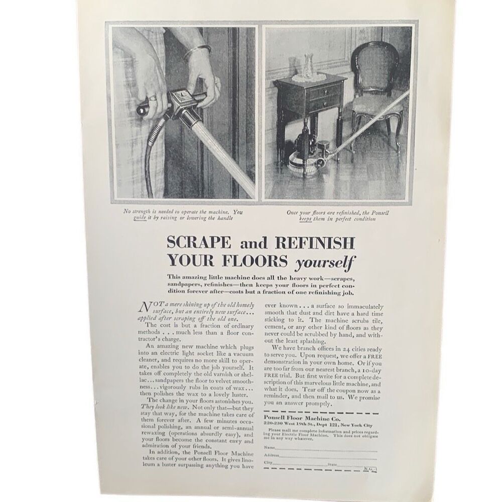 Vintage 1927 Ponsell Floor Machine Scrape Your Floors Ad Advertisement